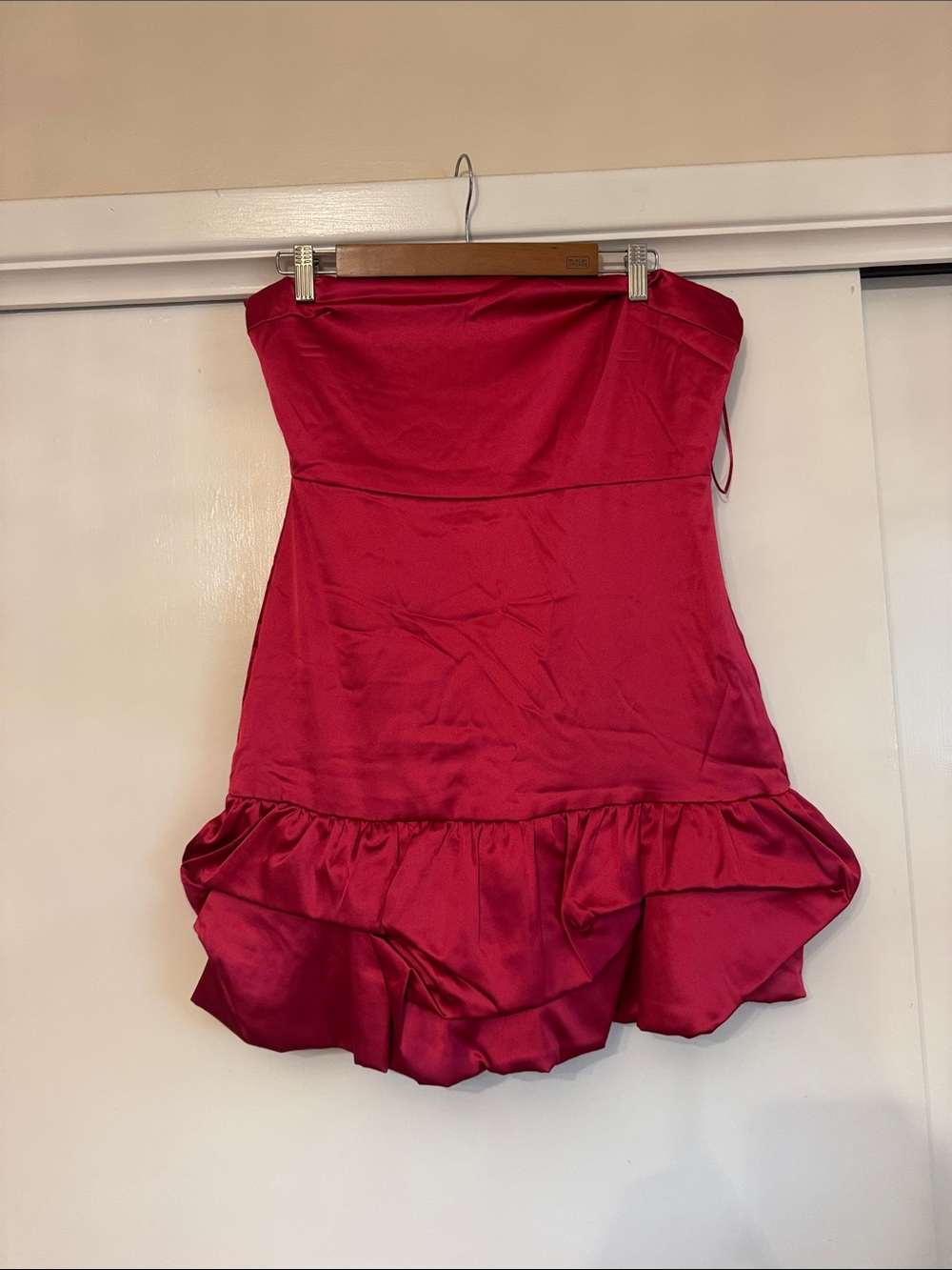 TCEC Strapless Satin Ruffle-Hem Dress in Raspberry Red